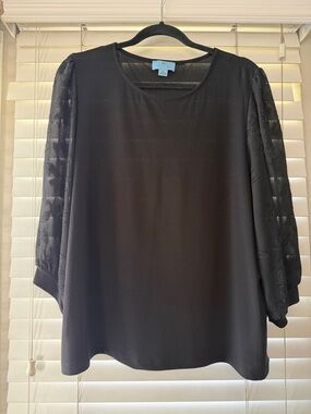 CeCe Black Sheer Floral Jacquard Puff Sleeve Top